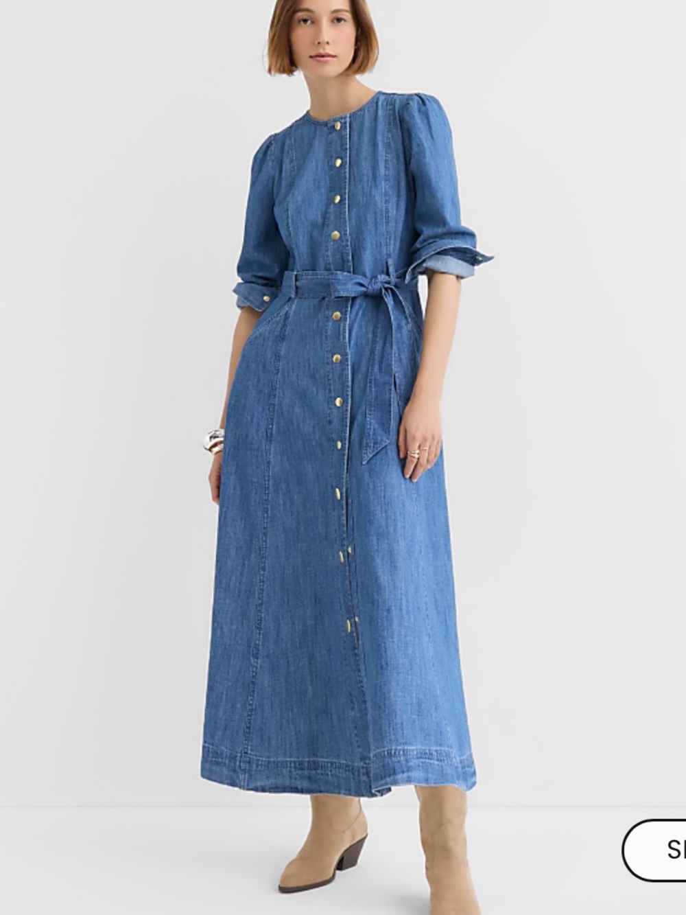LOFT Chambray Balloon Sleeve Snap-Front Belted Midi Dress in Blue XS